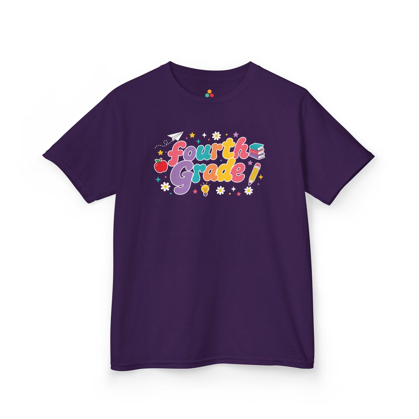 Purple t-shirt with 'Fourth Grade!' text on a white background. TEEZOCA t-shirt with bold Fourth Grade word art, fitting a fourth grade kids shirt for the first day of school.
