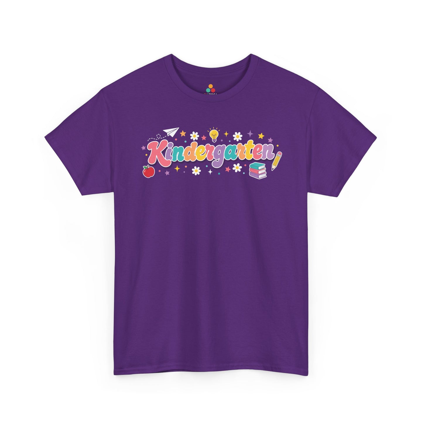 Purple t-shirt with 'Kindergarten' text and graphics on a white background. TEEZOCA t-shirt artwork for a cute kindergarten teacher shirt, with multicolor script, deep purple shadowing, and cheerful classroom symbols.