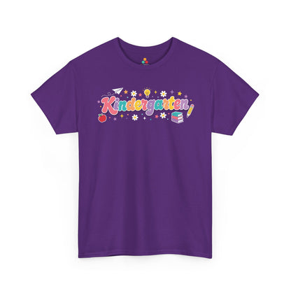 Purple t-shirt with 'Kindergarten' text and graphics on a white background. TEEZOCA t-shirt artwork for a cute kindergarten teacher shirt, with multicolor script, deep purple shadowing, and cheerful classroom symbols.