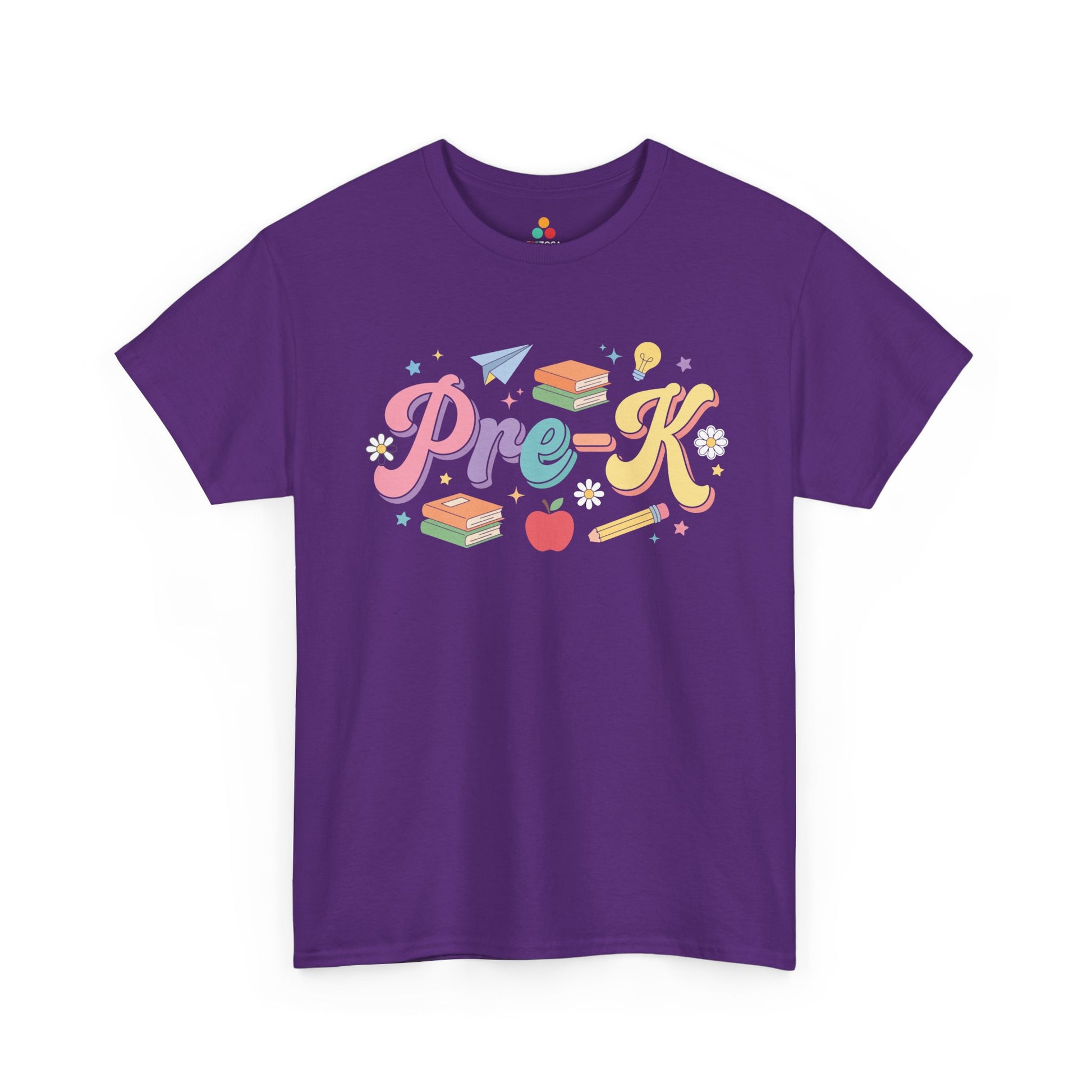 Purple t-shirt with 'Pre-K' text and educational icons on a white background. TEEZOCA t-shirt featuring oversized pastel “Pre-K” script, layered shadows, books, stars, an apple, pencil, paper airplane, daisy, and light bulb for a pre-k teacher shirt.