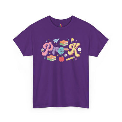 Purple t-shirt with 'Pre-K' text and educational icons on a white background. TEEZOCA t-shirt featuring oversized pastel “Pre-K” script, layered shadows, books, stars, an apple, pencil, paper airplane, daisy, and light bulb for a pre-k teacher shirt.