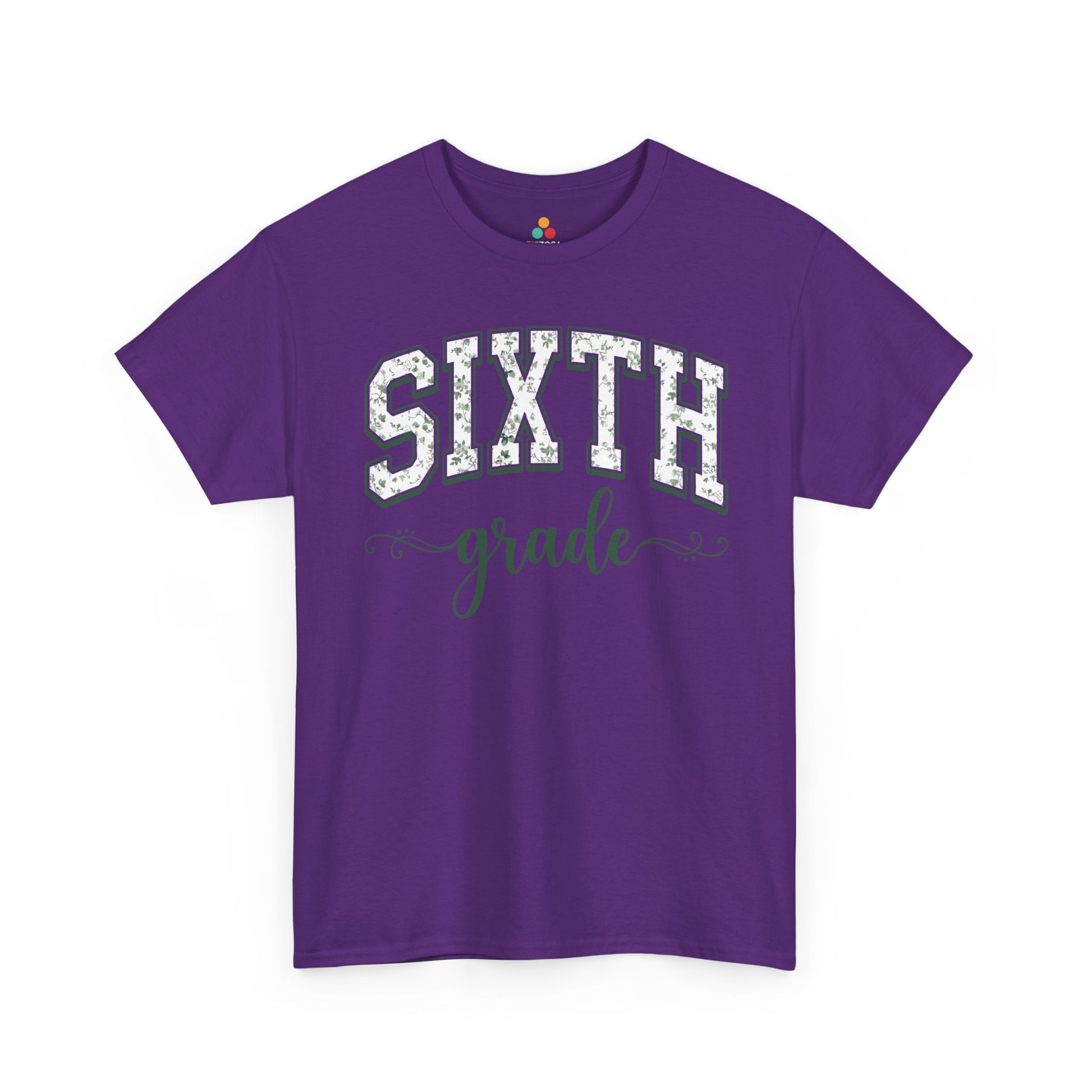 Purple t-shirt with 'SIXTH grade' text on a white background. Cute sixth grade shirt from TEEZOCA, a unisex adult tee worn by teachers, aides, and school staff.
