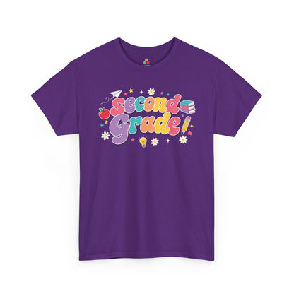 Purple t-shirt with 'Second Grade!' text on a white background. A bright TEEZOCA t-shirt with retro “Second Grade” letters and playful school symbols for shoppers browsing second grade teacher shirts on Amazon.