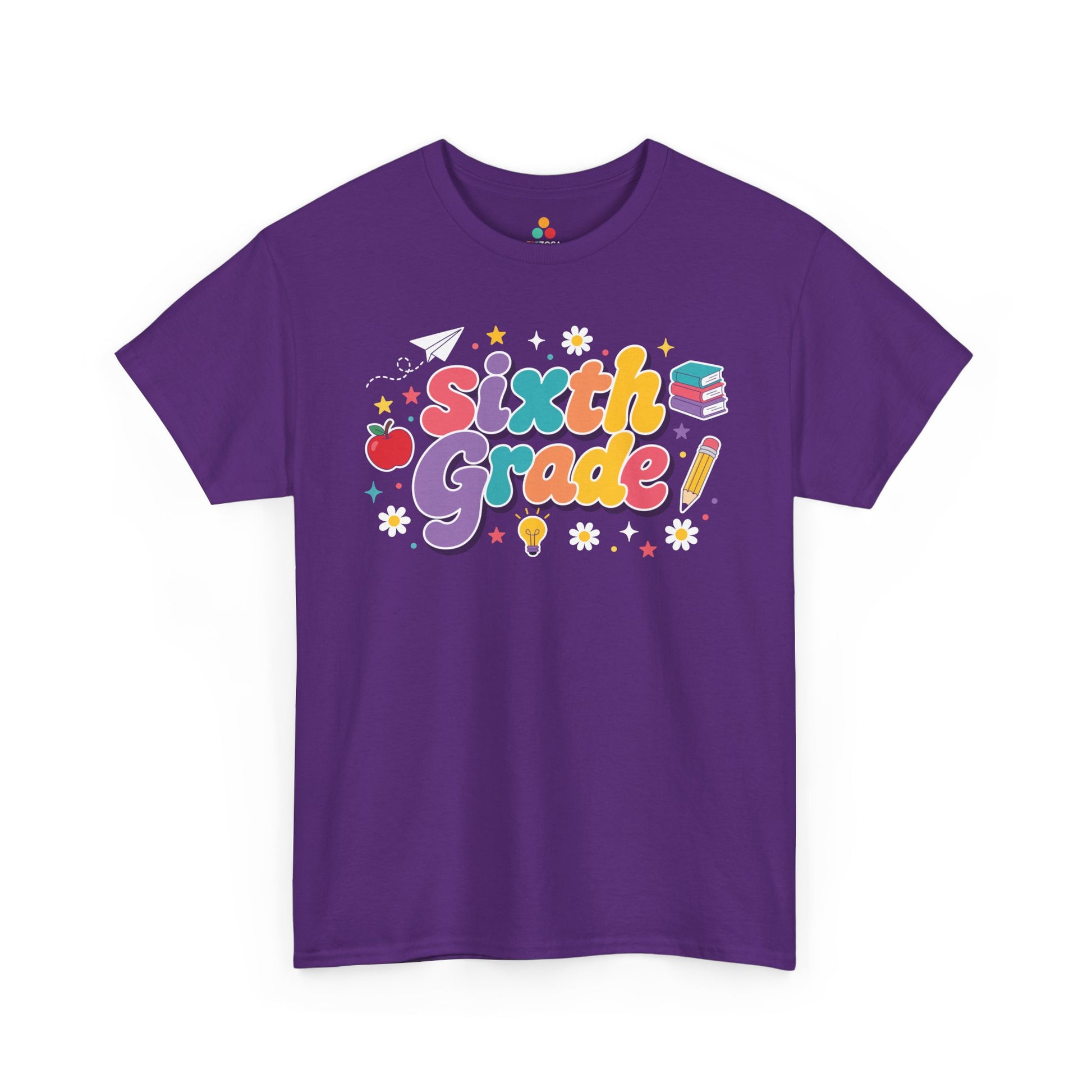 Purple t-shirt with 'Sixth Grade!' text and educational graphics on a white background. TEEZOCA t-shirt artwork for a cute sixth grade teacher shirt, with multicolor lettering, deep purple shadows, and cheerful classroom icons.
