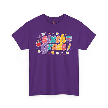 Purple t-shirt with 'Sixth Grade!' text and educational graphics on a white background. TEEZOCA t-shirt artwork for a cute sixth grade teacher shirt, with multicolor lettering, deep purple shadows, and cheerful classroom icons.