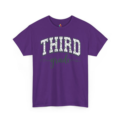 Purple t-shirt with 'THIRD grade' text on a white background. TEEZOCA floral back to school t-shirt for third grade teachers and staff, an adult tee found on Amazon and Etsy.

