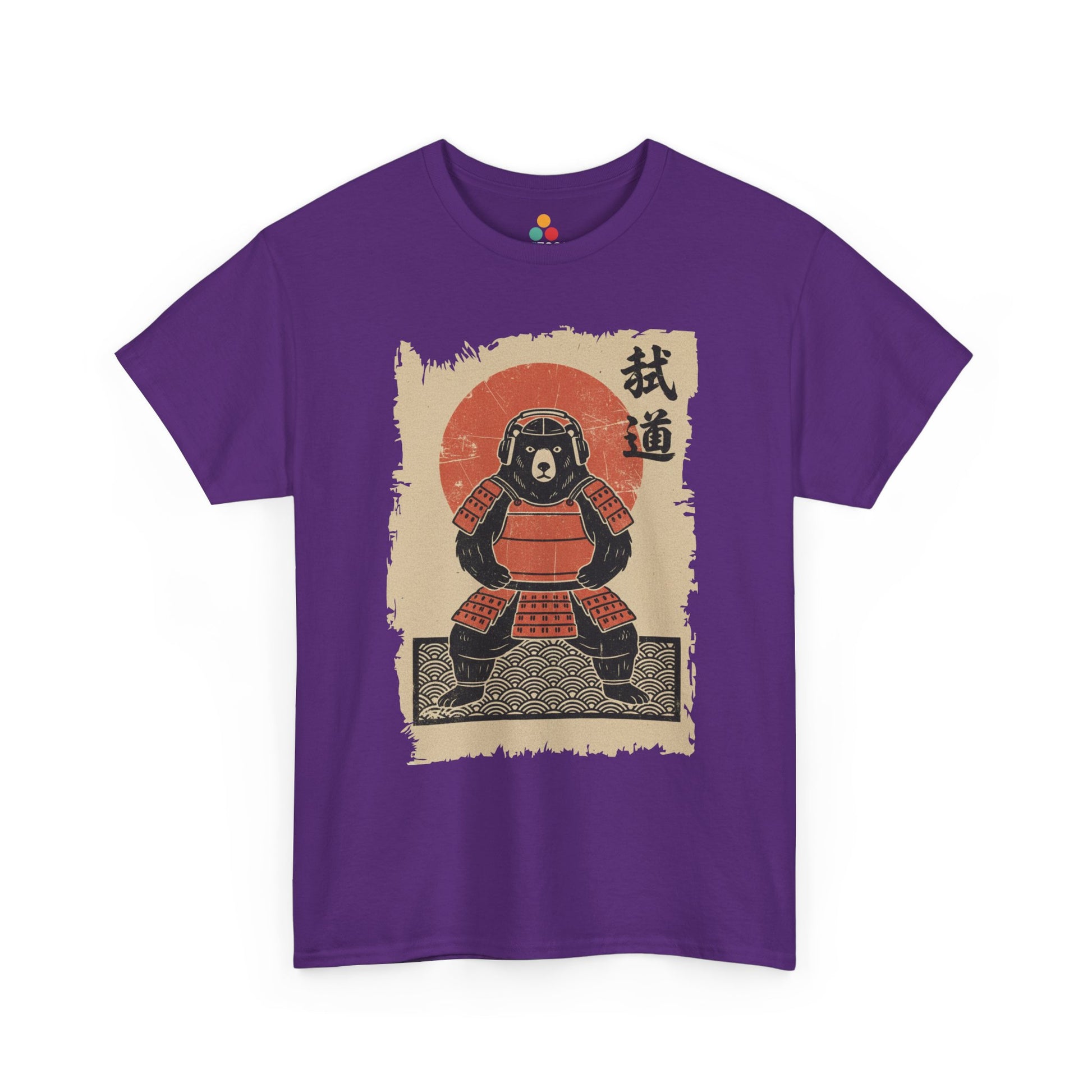 Purple t-shirt with a graphic of A Vintage Japanese ukiyo-e style bear samurai in red armor with red sun background.​

