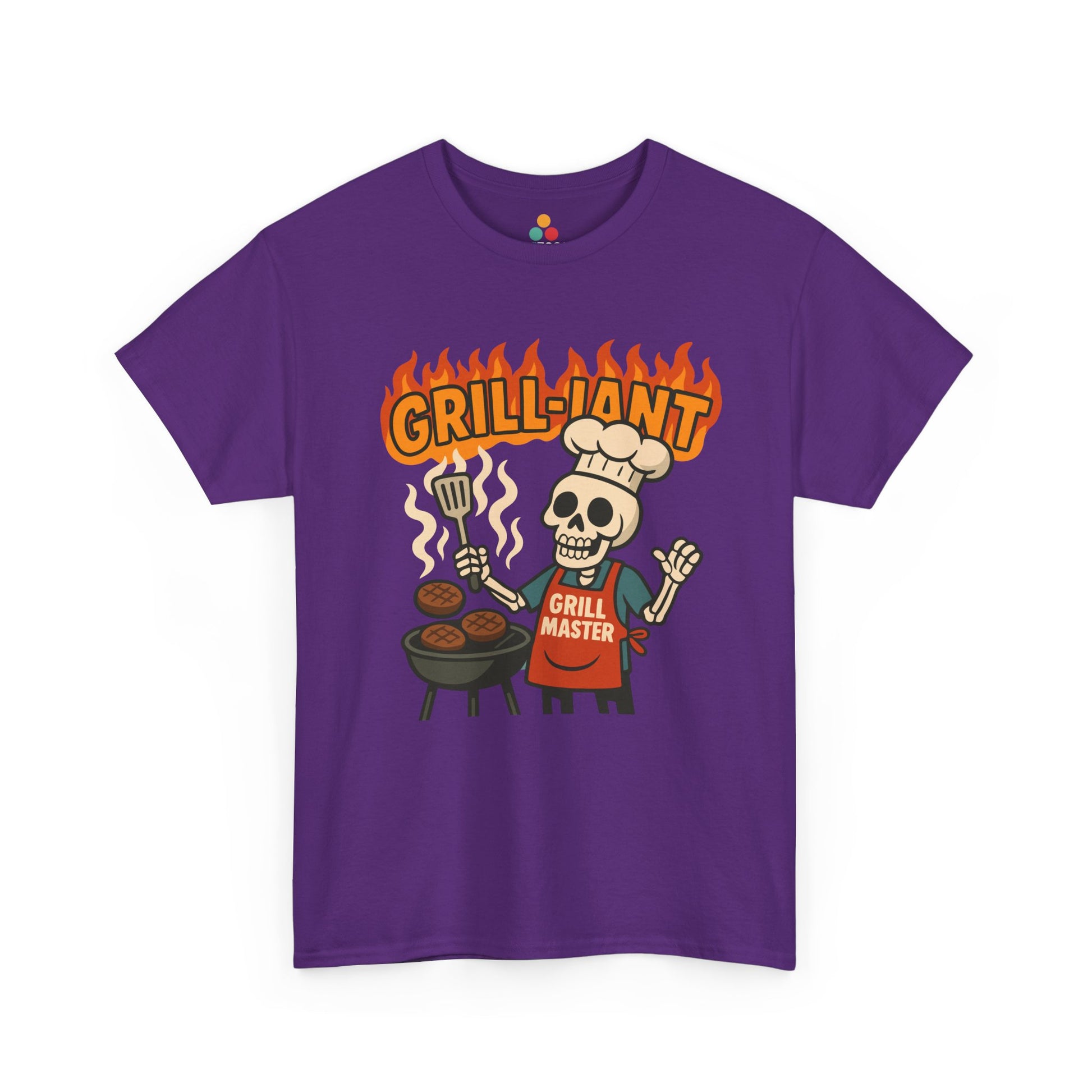 Purple t-shirt with a skull graphic and 'Grill-Jant' text on a white background