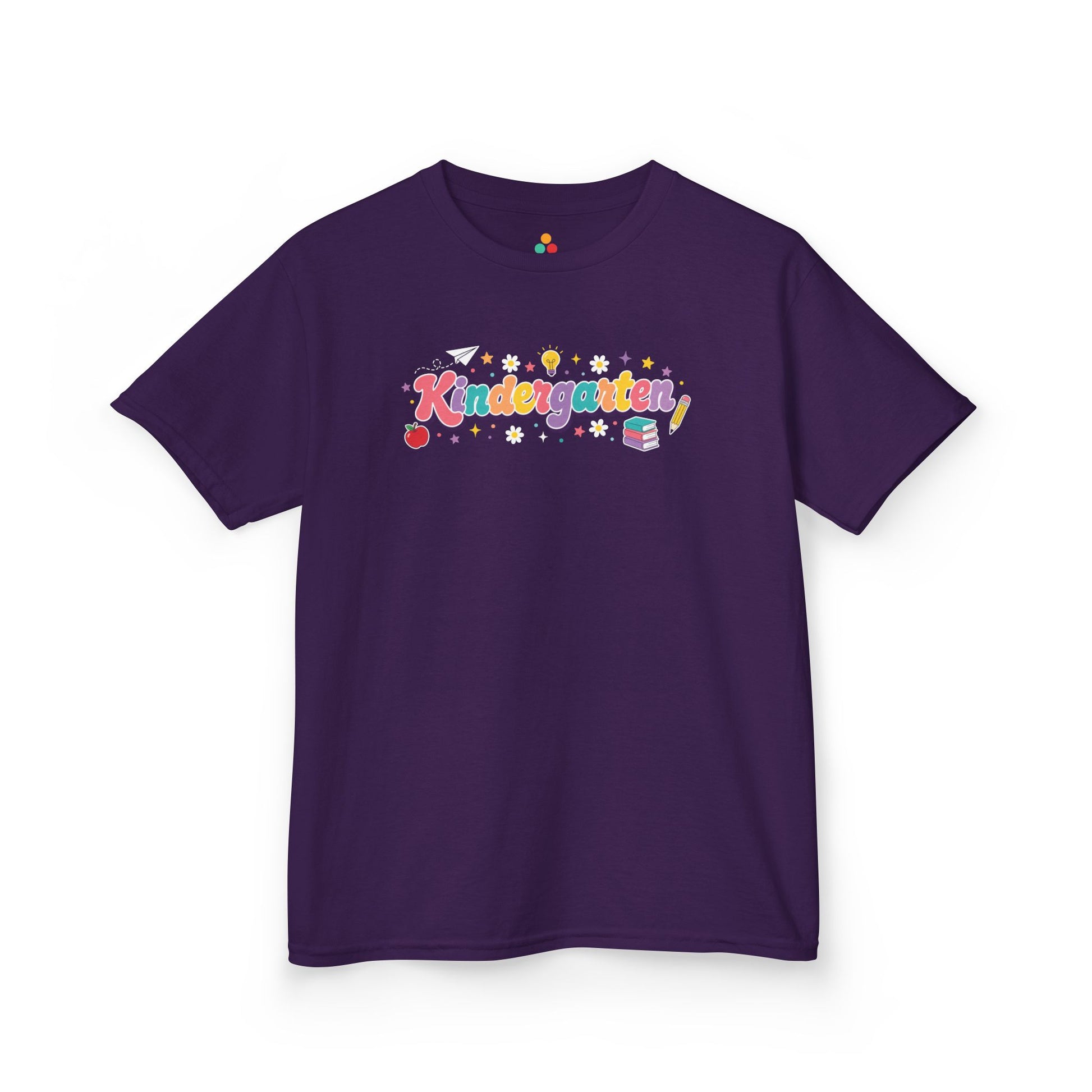 Purple t-shirt with colorful 'Kindergarten' text on a white background. TEEZOCA t-shirt designed as a cheerful first day kindergarten shirt option. The colorful word art also fits shoppers browsing kindergarten shirts for girls.