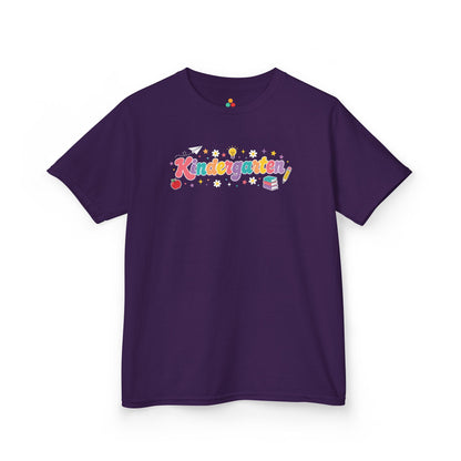 Purple t-shirt with colorful 'Kindergarten' text on a white background. TEEZOCA t-shirt designed as a cheerful first day kindergarten shirt option. The colorful word art also fits shoppers browsing kindergarten shirts for girls.