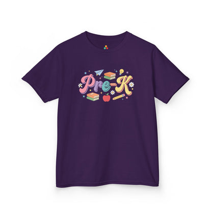 Purple t-shirt with colorful 'Pre-K' design on a white background. TEEZOCA t-shirt with playful Pre-K lettering, flowers, stars, and paper airplane details for a First Day of School Shirt.