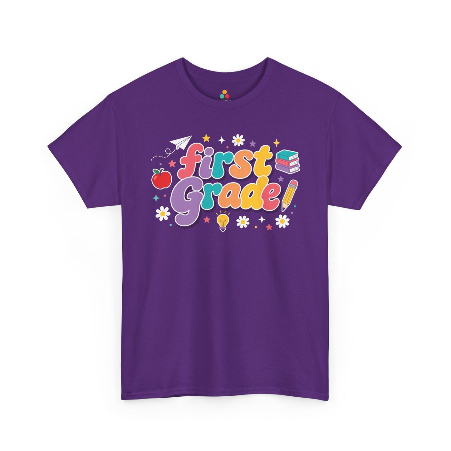 Purple t-shirt with 'first Grade!' text and educational graphics on a white background. TEEZOCA t-shirt artwork for a cute first grade teacher shirt, with multicolor lettering, deep purple shadows, and cheerful classroom icons.