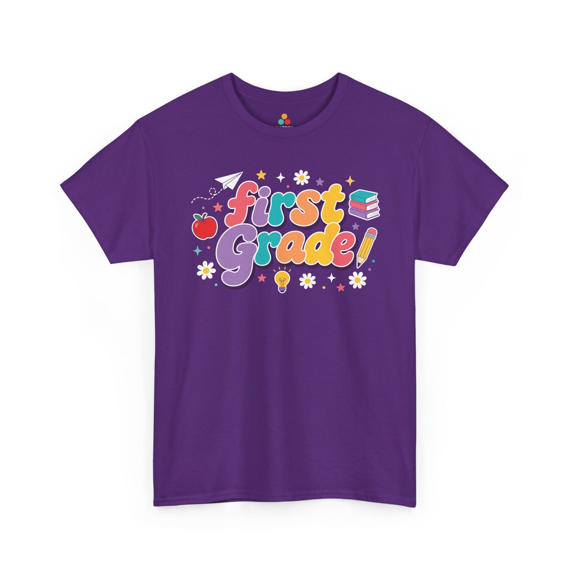Purple t-shirt with 'first Grade!' text and educational graphics on a white background. TEEZOCA t-shirt artwork for a cute first grade teacher shirt, with multicolor lettering, deep purple shadows, and cheerful classroom icons.
