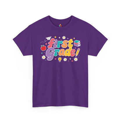 Purple t-shirt with 'first Grade!' text and educational graphics on a white background. TEEZOCA t-shirt artwork for a cute first grade teacher shirt, with multicolor lettering, deep purple shadows, and cheerful classroom icons.
