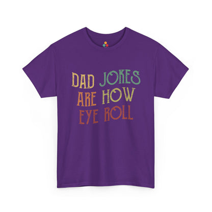 Purple t-shirt with text 'Dad jokes are how eye roll' on a white background