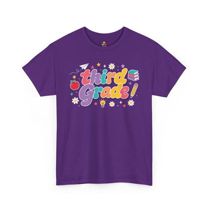 Purple t-shirt with 'third grade!' text and educational graphics on a white background. TEEZOCA t-shirt artwork for a cute third grade teacher shirt, with multicolor lettering, deep purple shadows, and cheerful classroom icons.