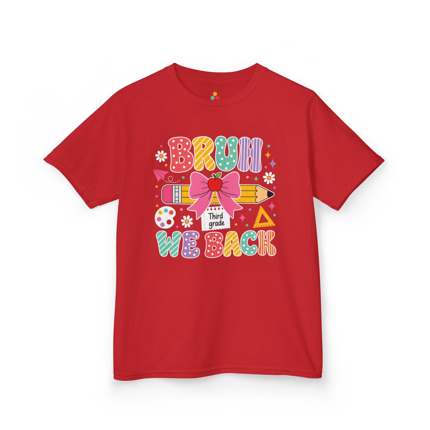Red TEEZOCA Bruh We Back Third Grade kids tee in colorful lettering, a funny back to school shirt for the new school year.

