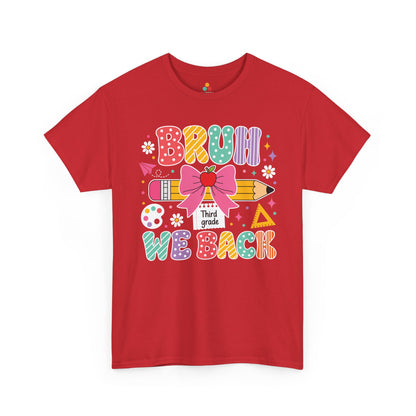 Red TEEZOCA Bruh We Back Third Grade tee in colorful lettering, a funny teacher back to school shirt.

