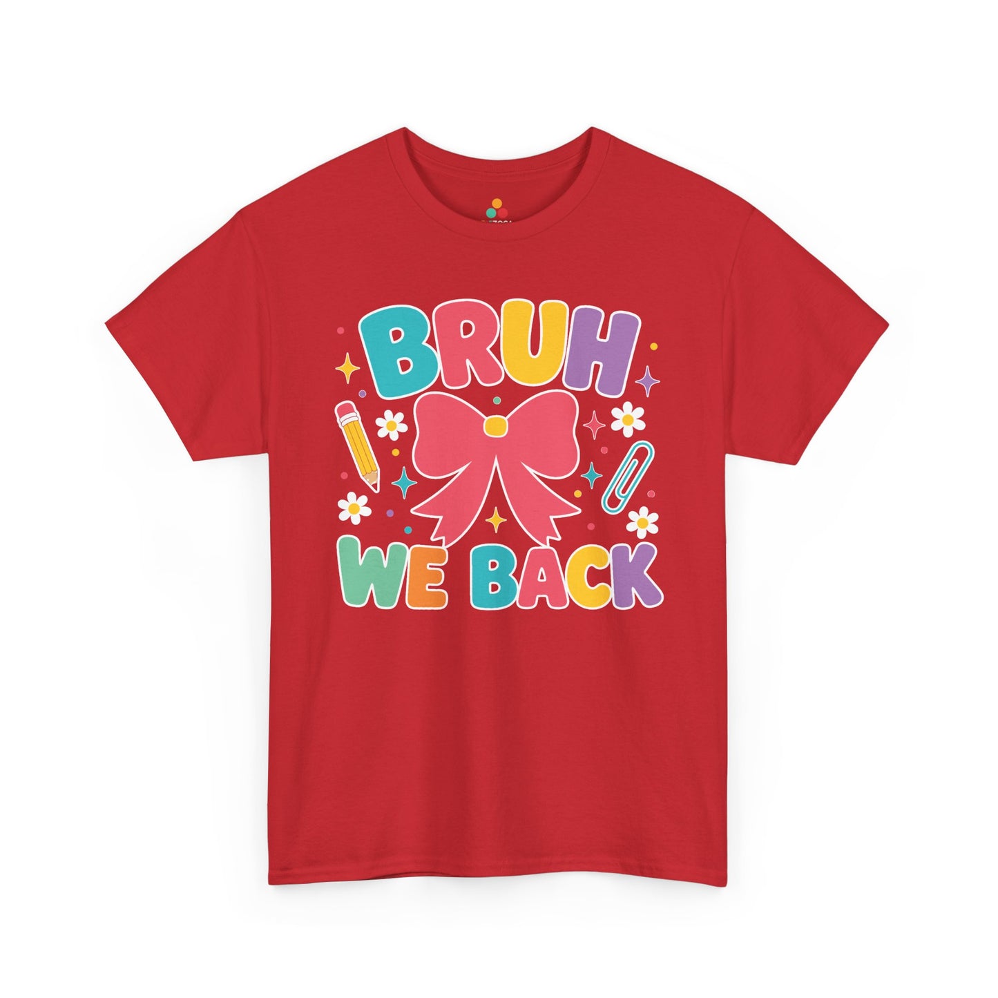 Red TEEZOCA Bruh We Back bow tee, the kind of cute first-day shirt shoppers find on Amazon and Etsy.

