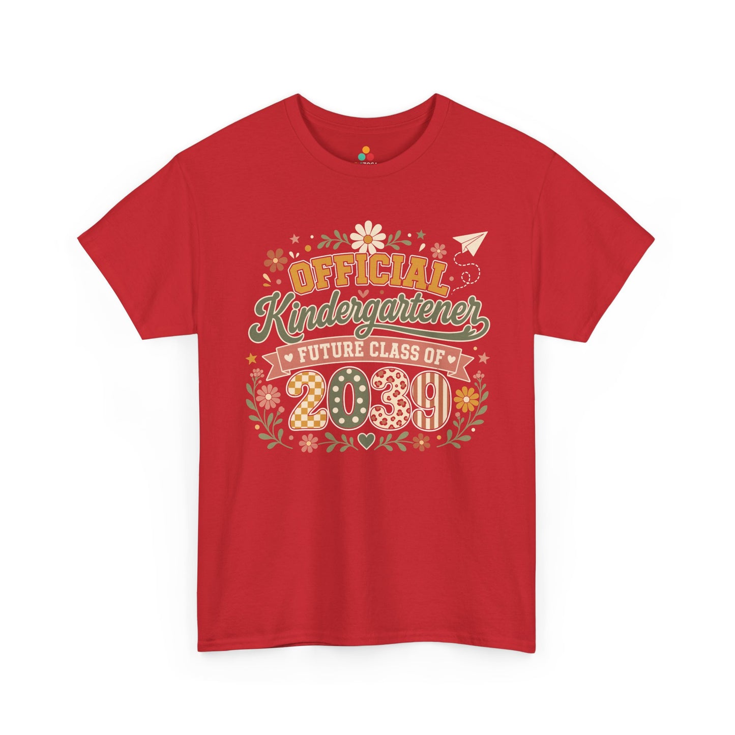 Red TEEZOCA Future Class of 2039 boho shirt, the kind of milestone keepsake tee shoppers find on Amazon and Etsy.

