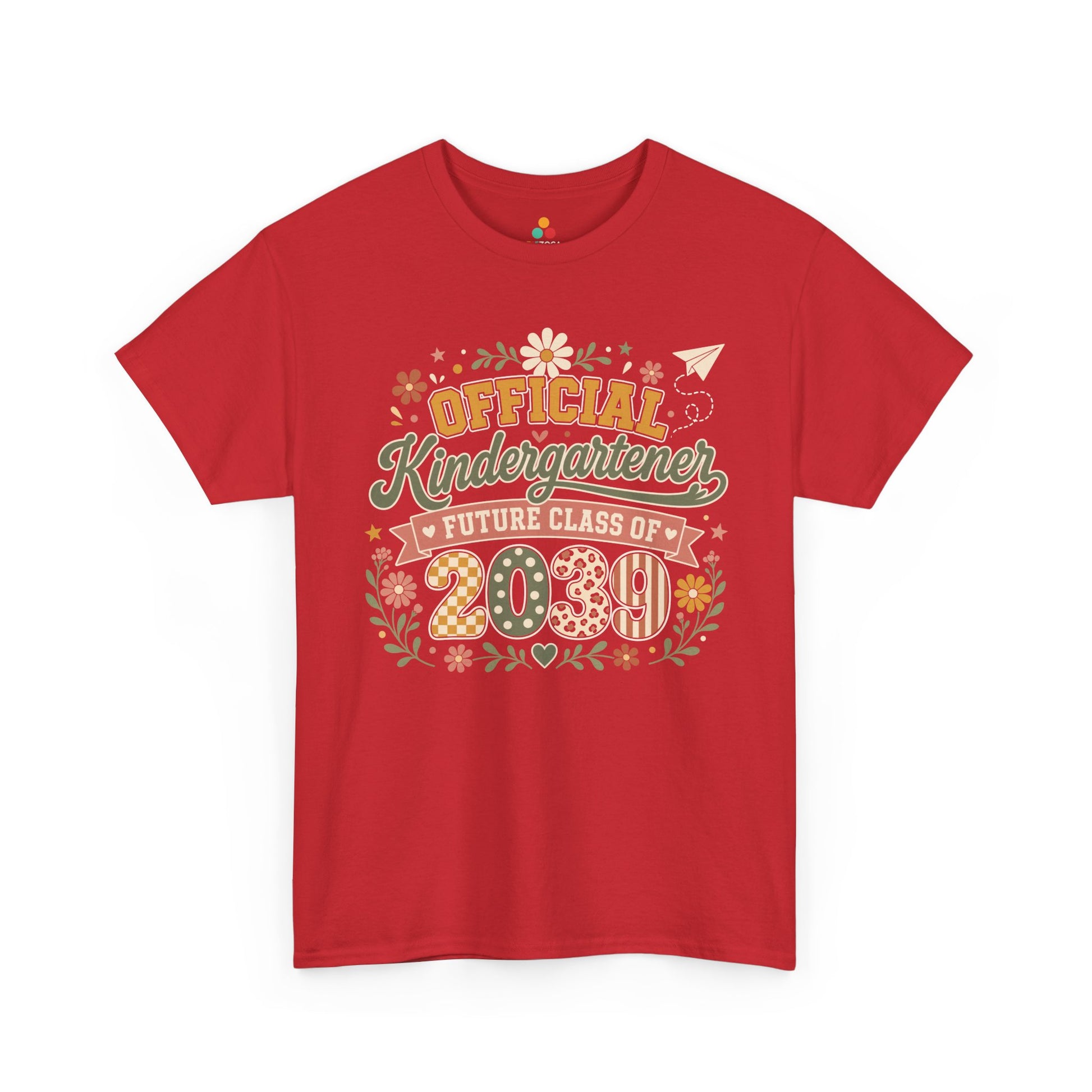 Red TEEZOCA Future Class of 2039 boho shirt, the kind of milestone keepsake tee shoppers find on Amazon and Etsy.

