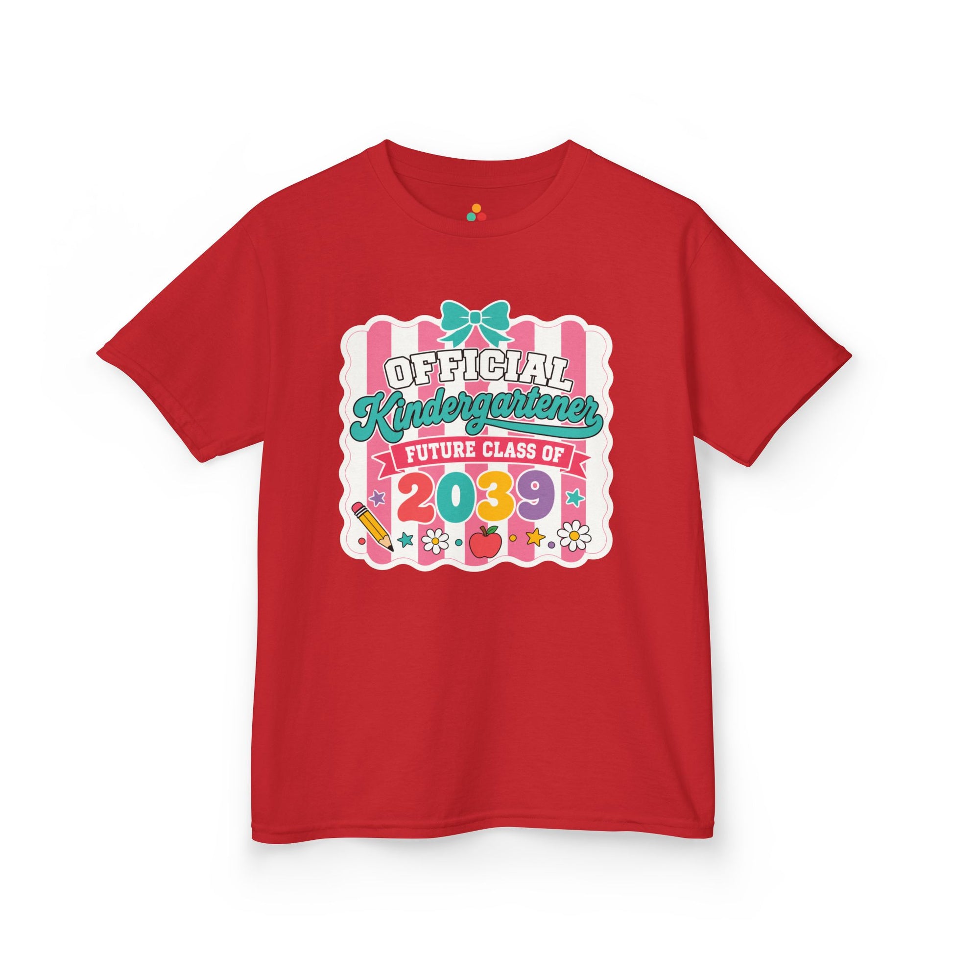 Red TEEZOCA Future Class of 2039 coquette kids tee, the kind of milestone keepsake tee parents shop on Amazon and Etsy.

