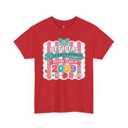 Red TEEZOCA Future Class of 2039 coquette shirt, the kind of milestone keepsake tee shoppers find on Amazon and Etsy.

