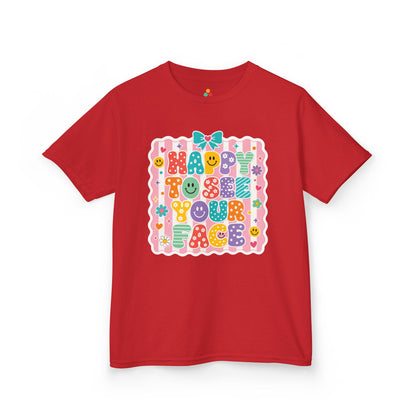 Red TEEZOCA Happy to See Your Face bow kids tee, the kind of cute first-day shirt parents shop on Amazon and Etsy.


