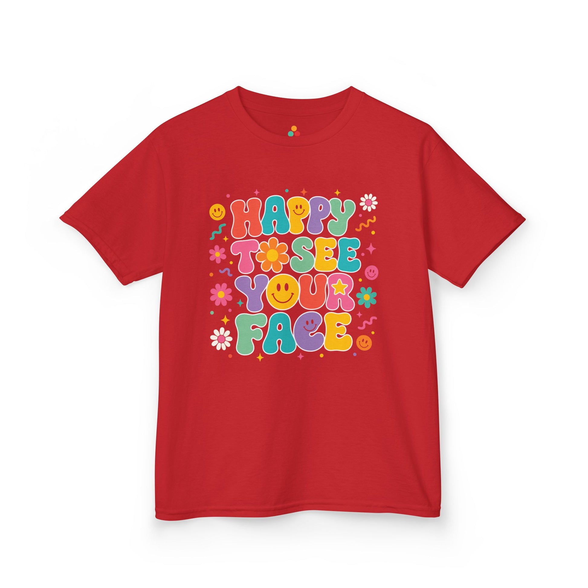 Red TEEZOCA Happy to See Your Face retro kids tee, the kind of cheerful first-day shirt parents shop on Amazon and Etsy.

