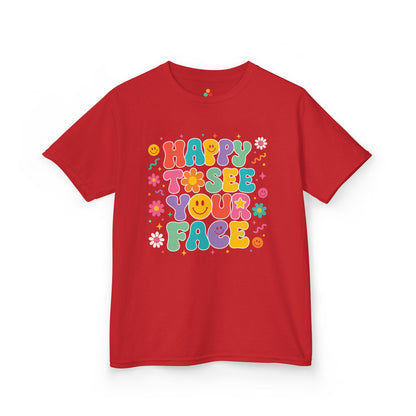Red TEEZOCA Happy to See Your Face retro kids tee, the kind of cheerful first-day shirt parents shop on Amazon and Etsy.

