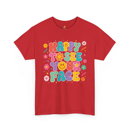 Red TEEZOCA Happy to See Your Face retro teacher shirt, the kind of adult tee shoppers find on Amazon and Etsy.

