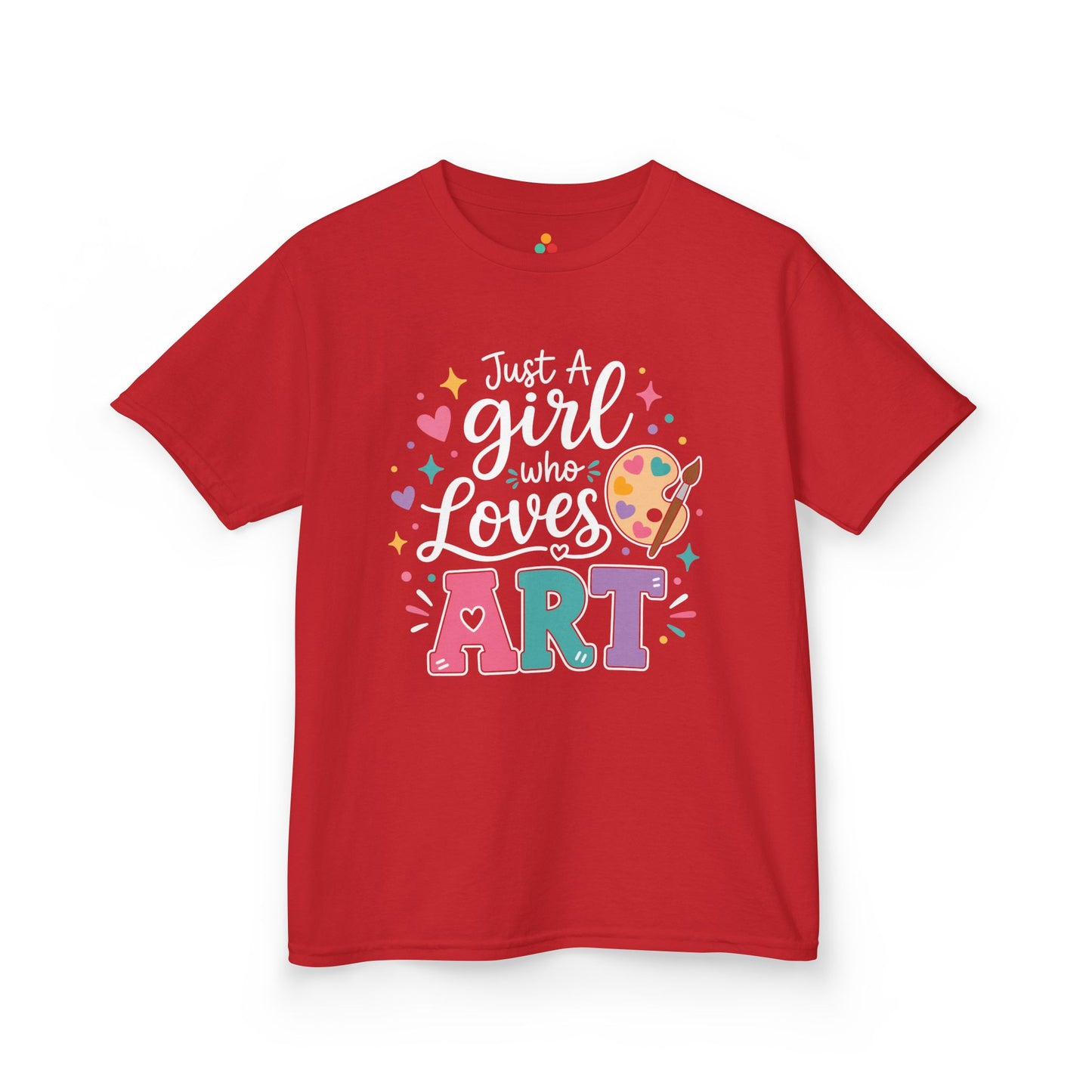 Red TEEZOCA Just a Girl Who Loves Art kids tee, the kind of cute girls art shirt parents shop on Amazon and Etsy.

