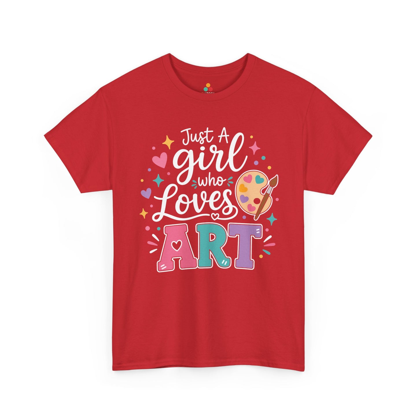 Red TEEZOCA Just a Girl Who Loves Art tee, the kind of cute art teacher shirt shoppers find on Amazon and Etsy.

