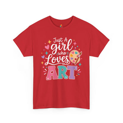 Red TEEZOCA Just a Girl Who Loves Art tee, the kind of cute art teacher shirt shoppers find on Amazon and Etsy.


