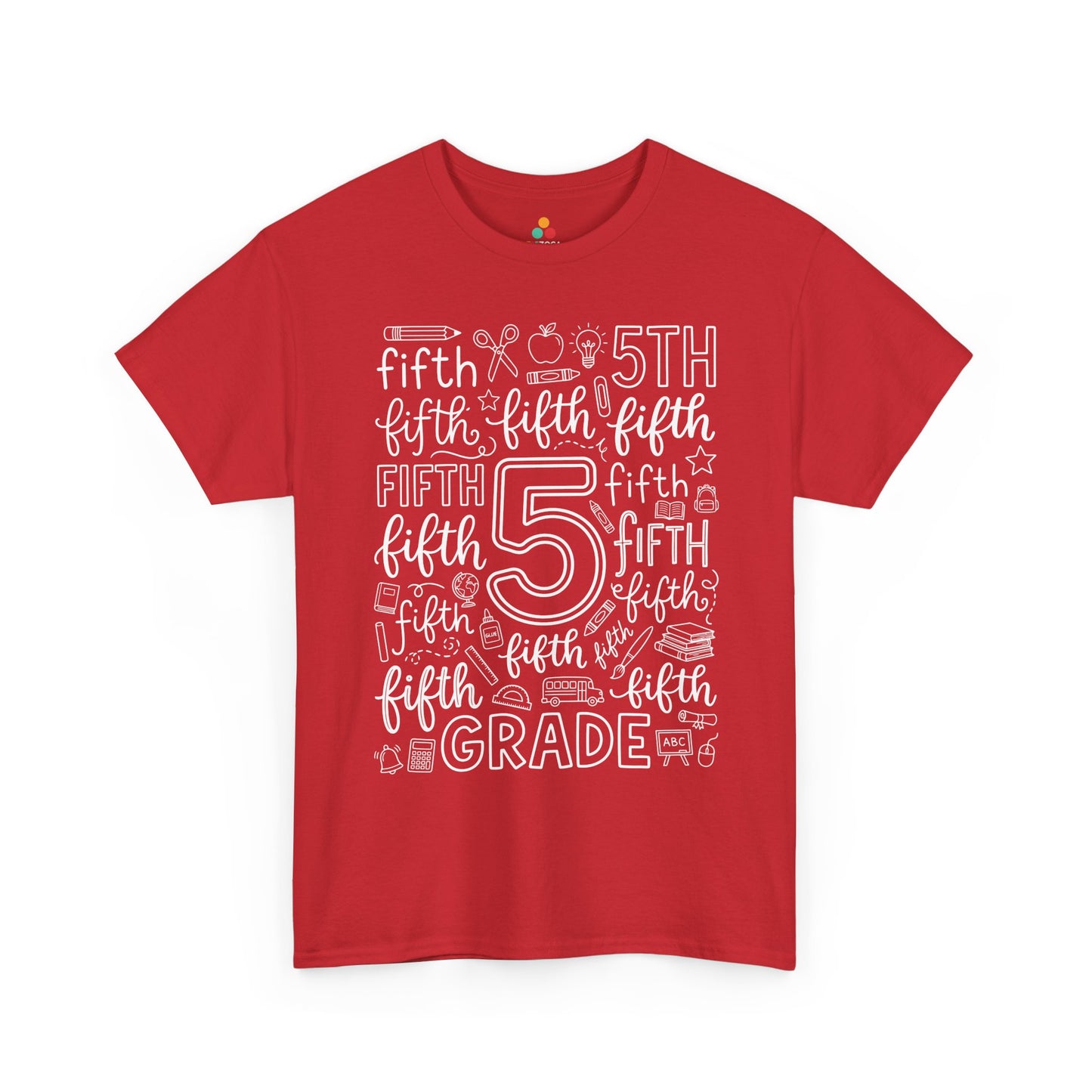 Red TEEZOCA fifth grade teacher shirt in bold word art, a unisex adult back to school tee for the classroom.

