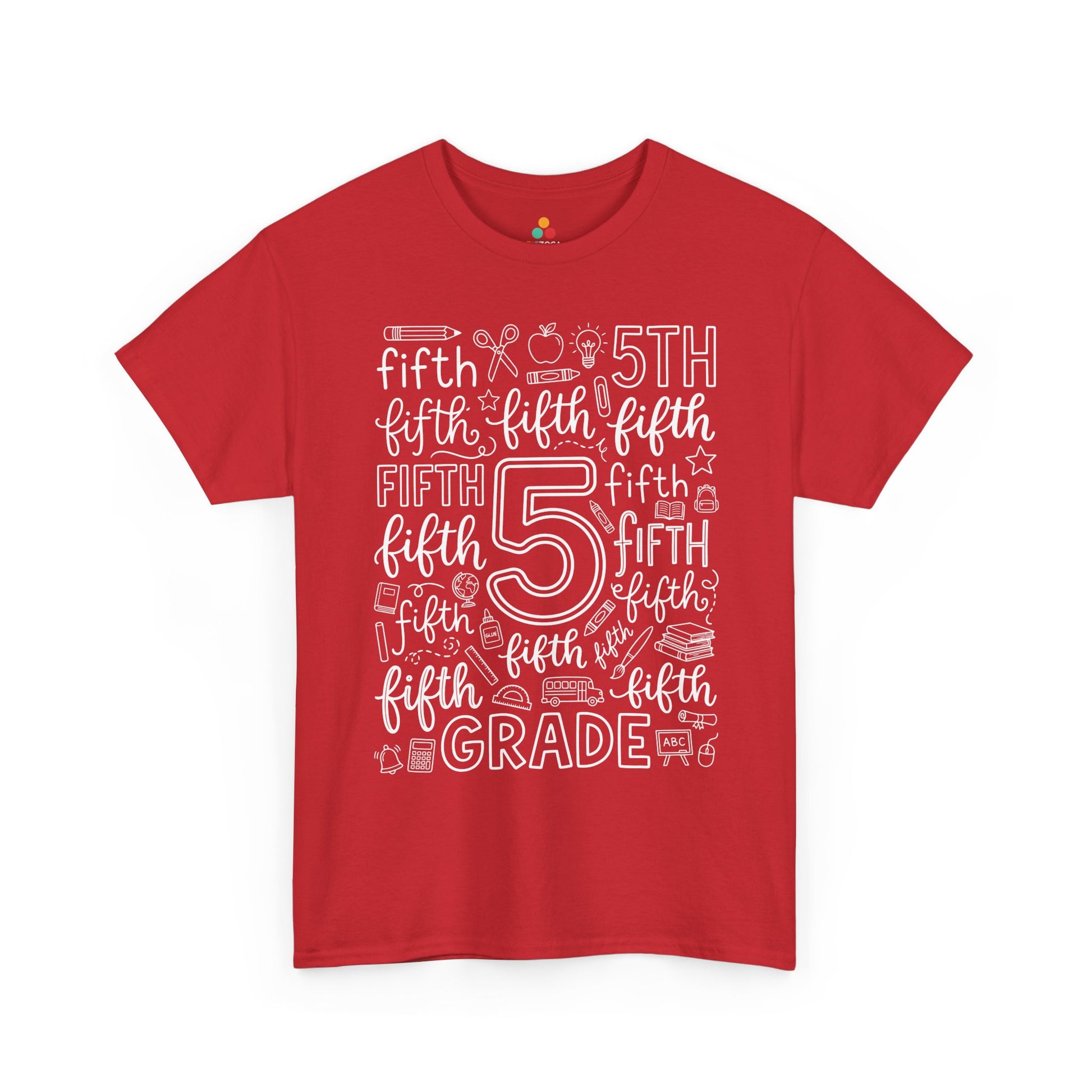 Red TEEZOCA fifth grade teacher shirt in bold word art, a unisex adult back to school tee for the classroom.

