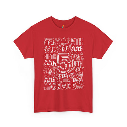 Red TEEZOCA fifth grade teacher shirt in bold word art, a unisex adult back to school tee for the classroom.


