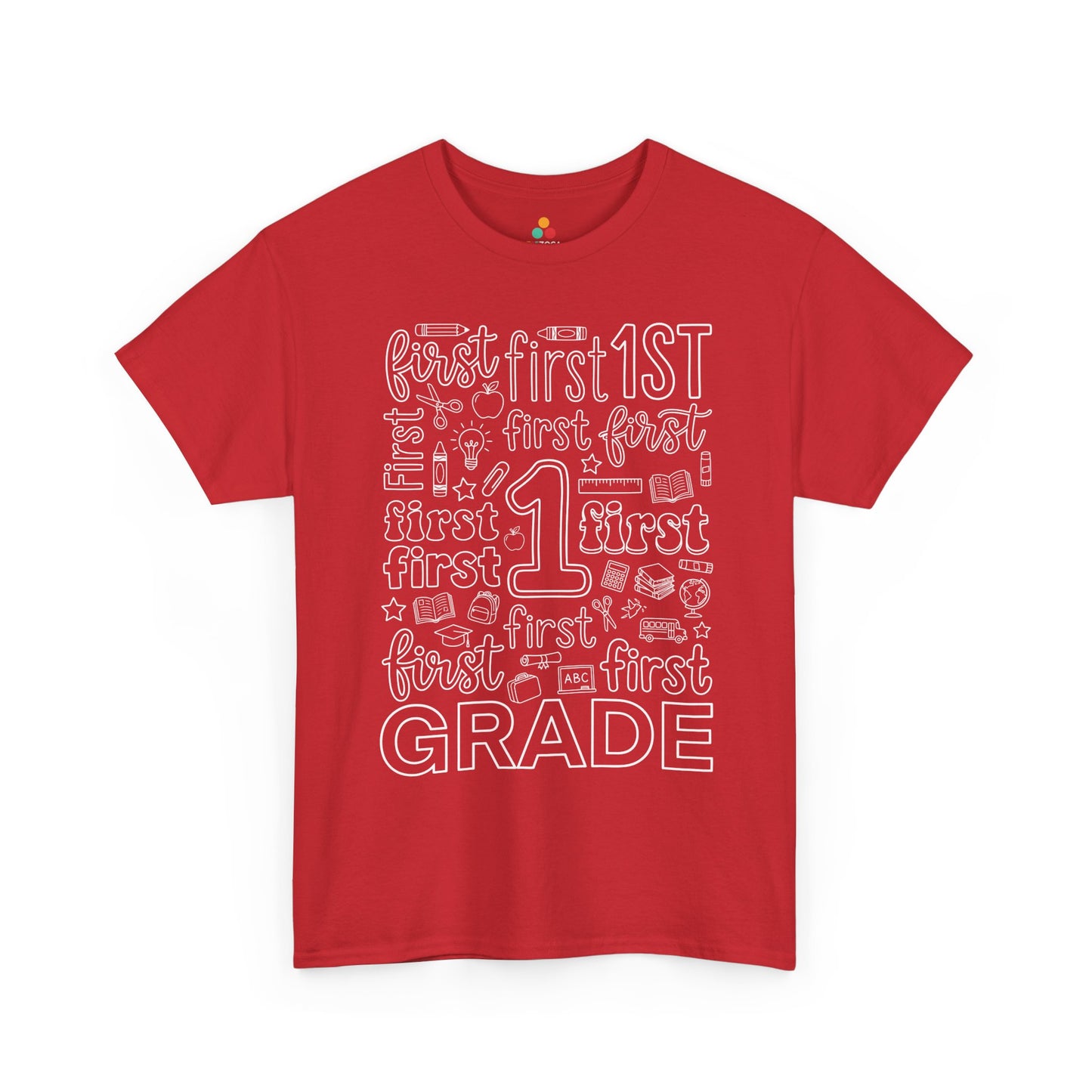 Red TEEZOCA first grade teacher shirt in bold word art, a unisex adult back to school tee for the classroom.


