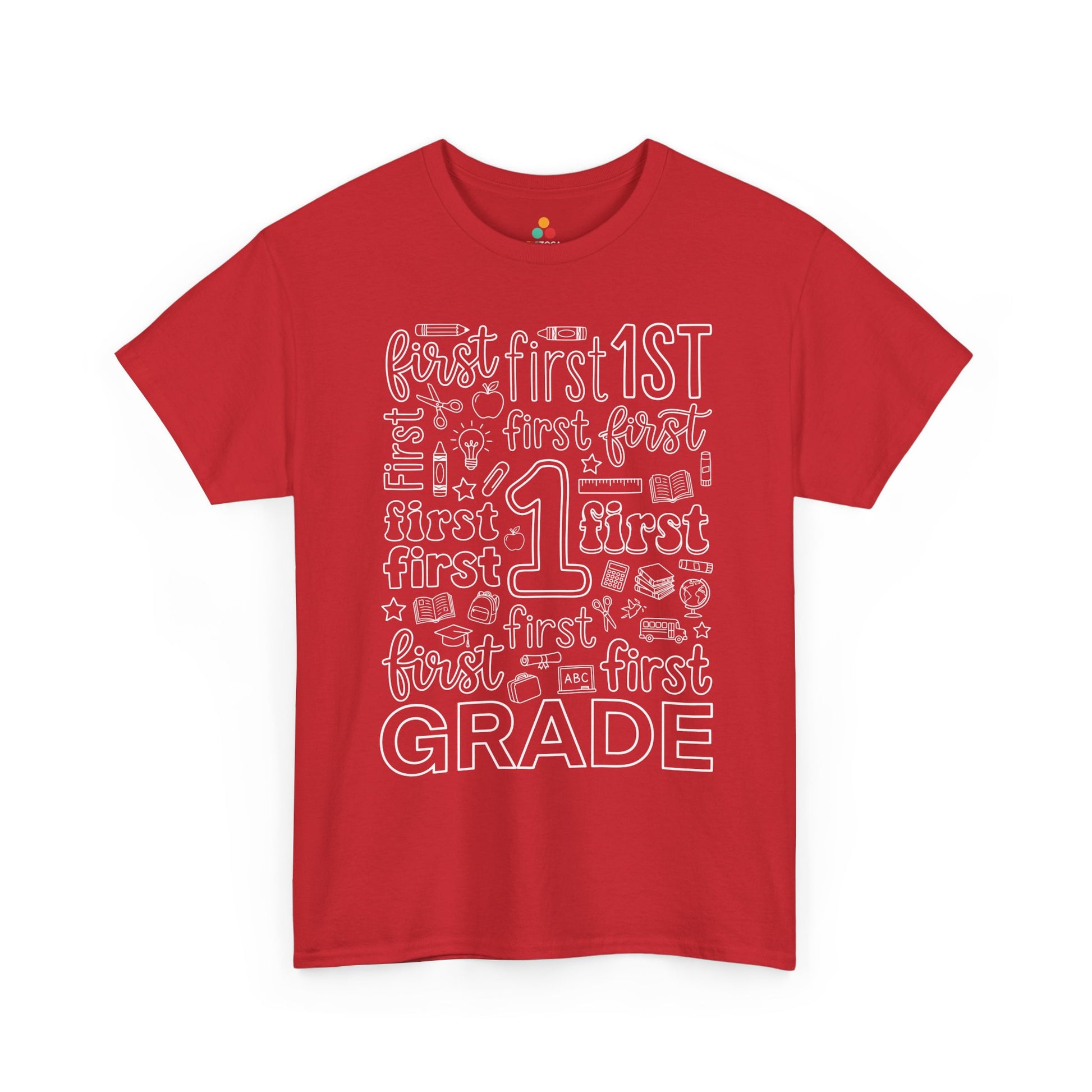 Red TEEZOCA first grade teacher shirt in bold word art, a unisex adult back to school tee for the classroom.


