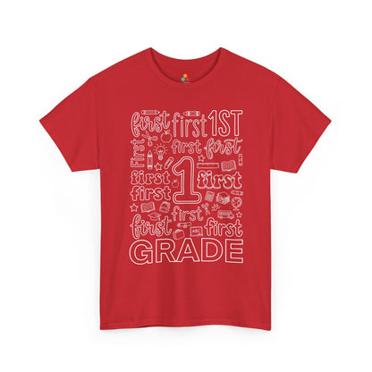 Red TEEZOCA first grade teacher shirt in bold word art, a unisex adult back to school tee for the classroom.

