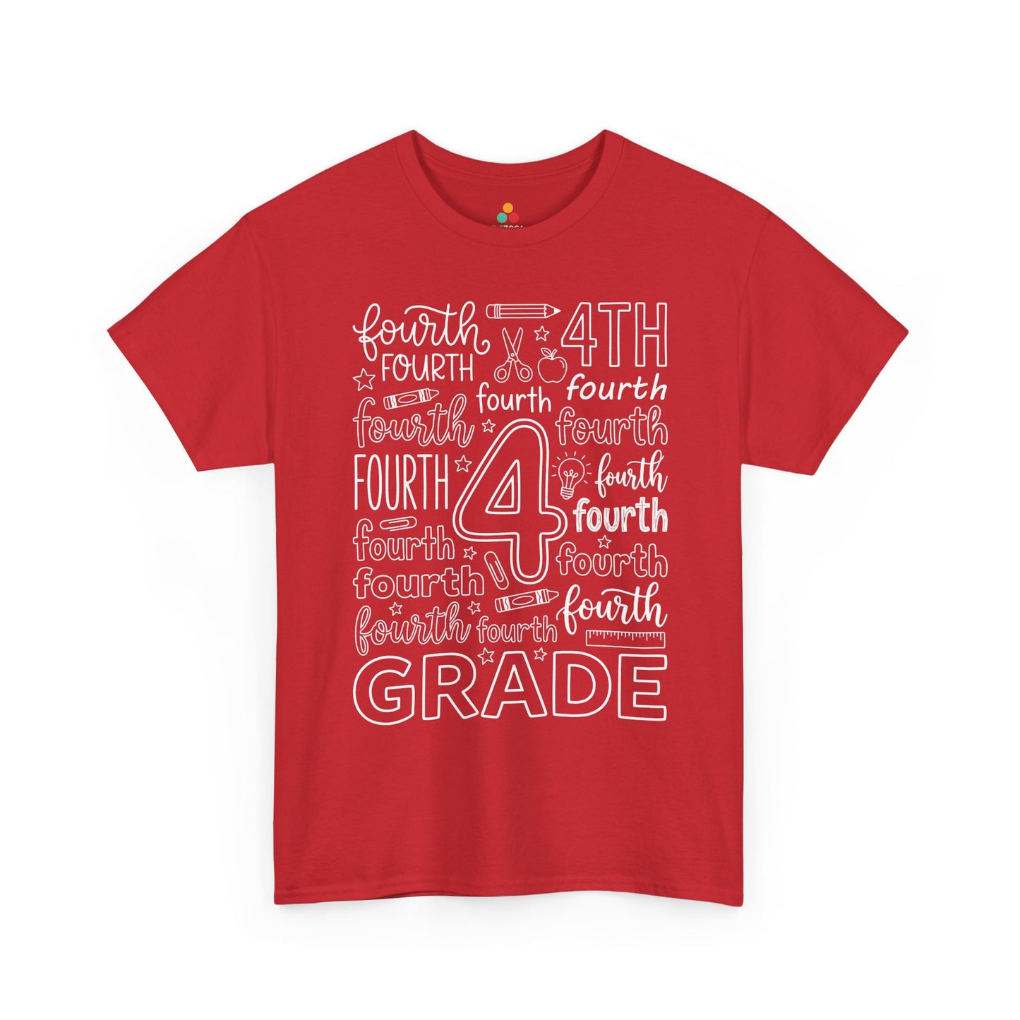 Red TEEZOCA fourth grade teacher shirt in bold word art, a unisex adult back to school tee for the classroom.

