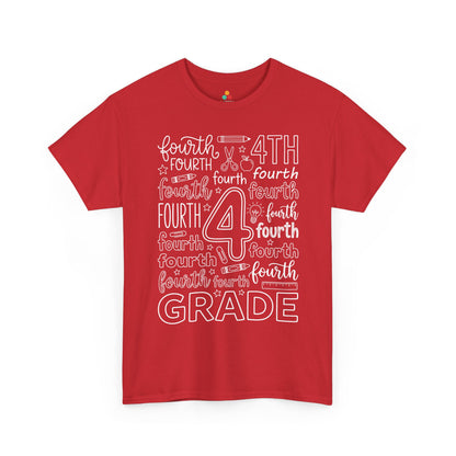 Red TEEZOCA fourth grade teacher shirt in bold word art, a unisex adult back to school tee for the classroom.

