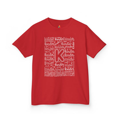 Red TEEZOCA kindergarten kids shirt in bold word art, a cute back to school tee for a new kindergartener.

