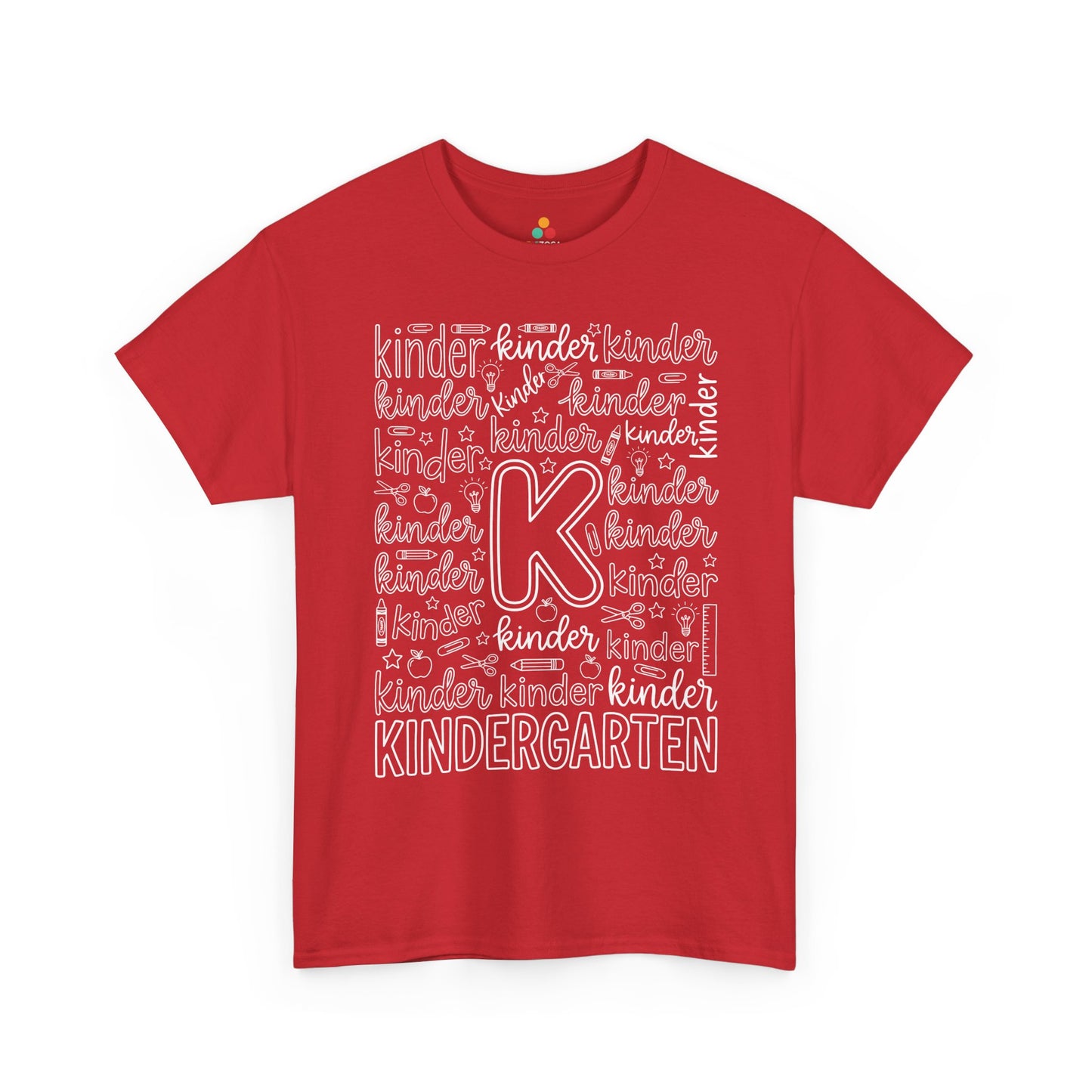 Red TEEZOCA kindergarten teacher shirt in bold word art, a unisex adult back to school tee for the classroom.

