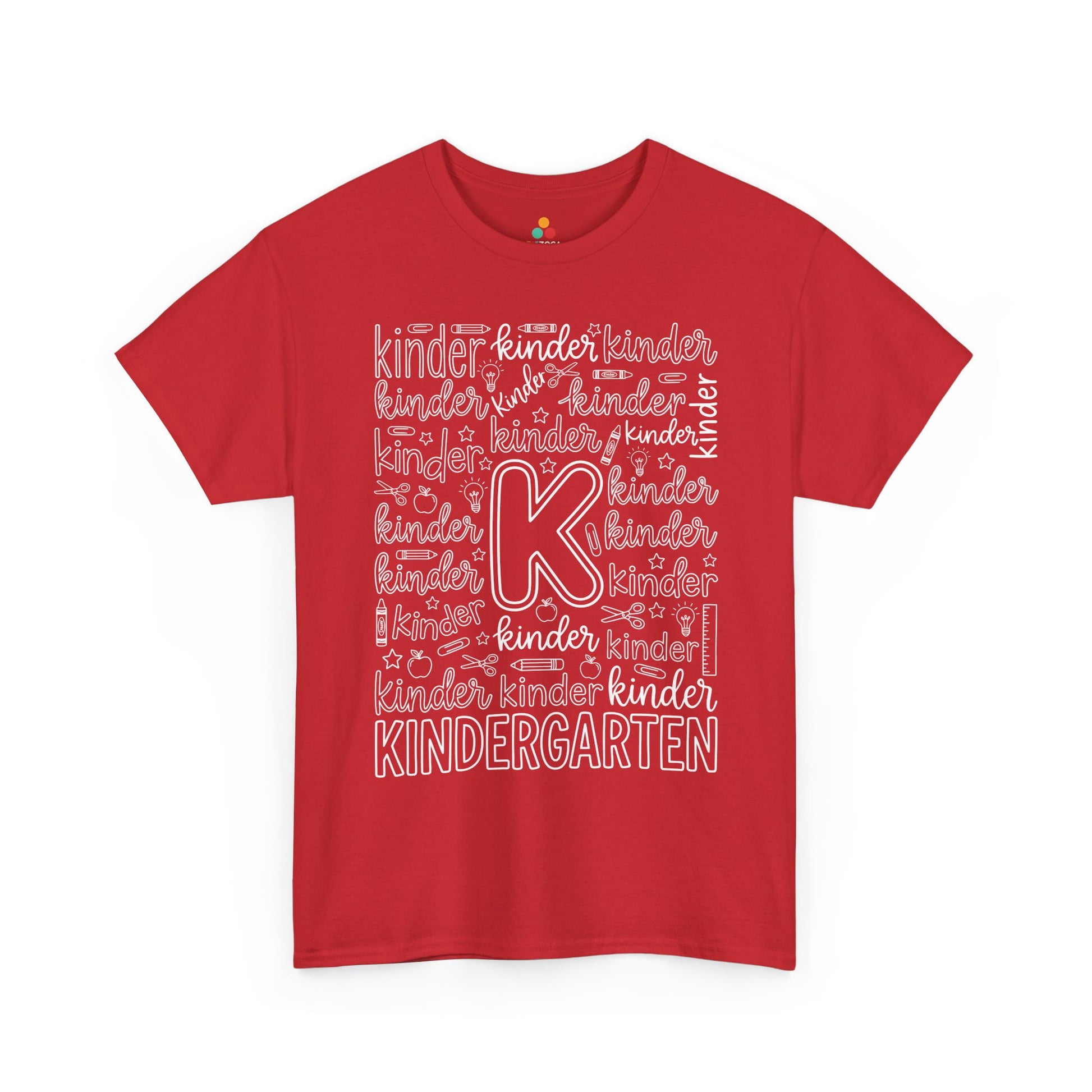 Red TEEZOCA kindergarten teacher shirt in bold word art, a unisex adult back to school tee for the classroom.

