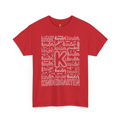 Red TEEZOCA kindergarten teacher shirt in bold word art, a unisex adult back to school tee for the classroom.

