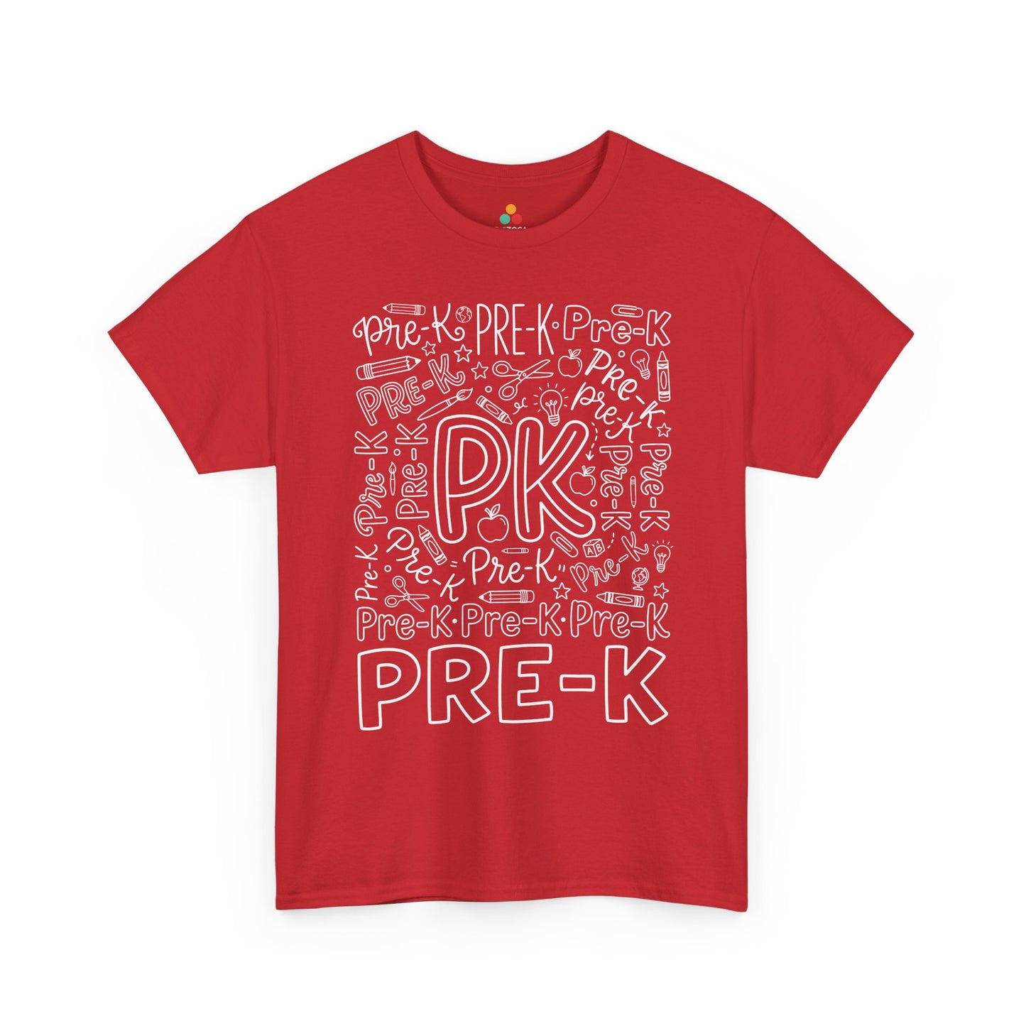 Red TEEZOCA pre-k teacher shirt in bold word art, a unisex adult back to school tee for the classroom.

