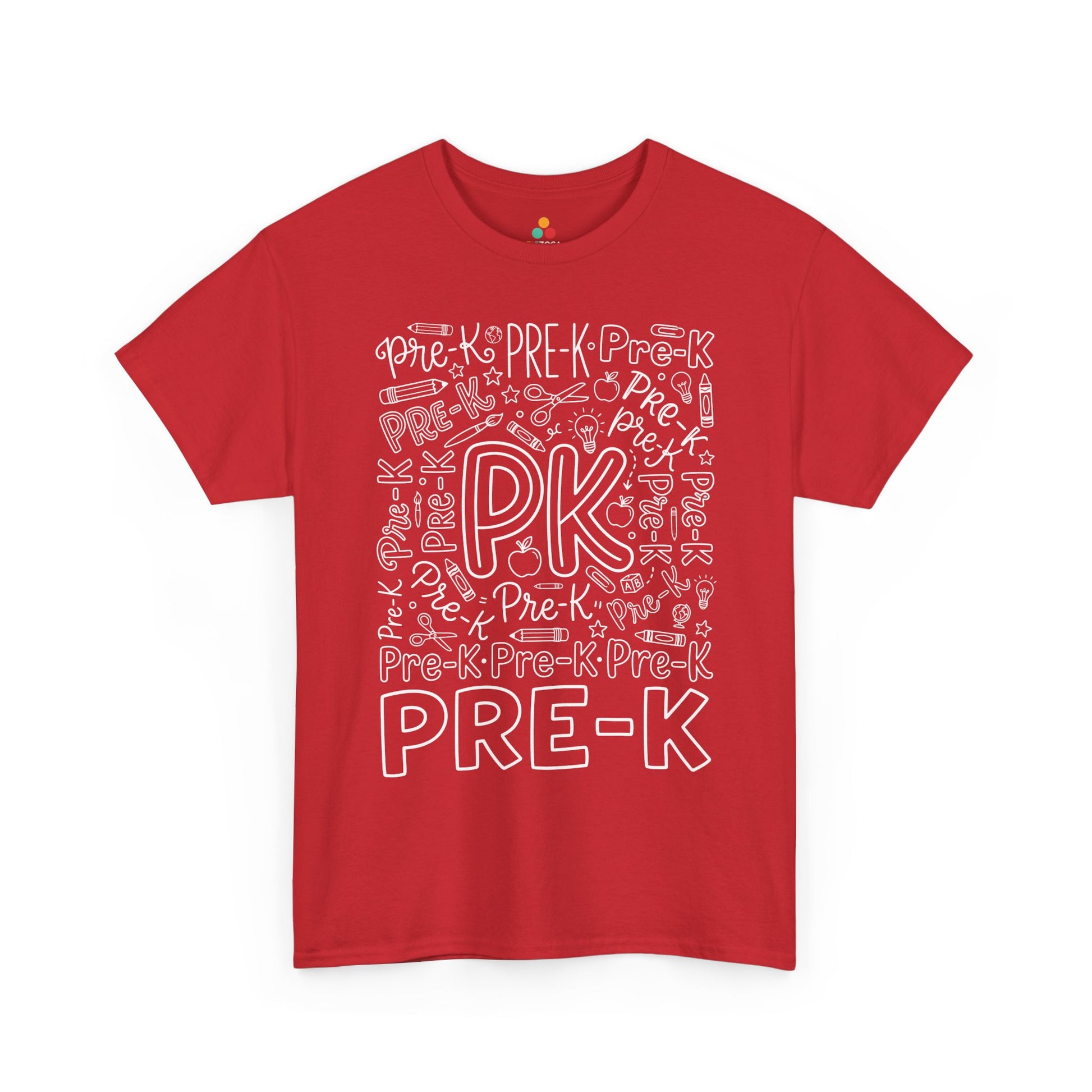 Red TEEZOCA pre-k teacher shirt in bold word art, a unisex adult back to school tee for the classroom.

