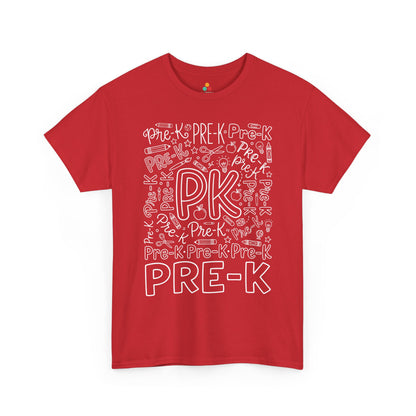 Red TEEZOCA pre-k teacher shirt in bold word art, a unisex adult back to school tee for the classroom.

