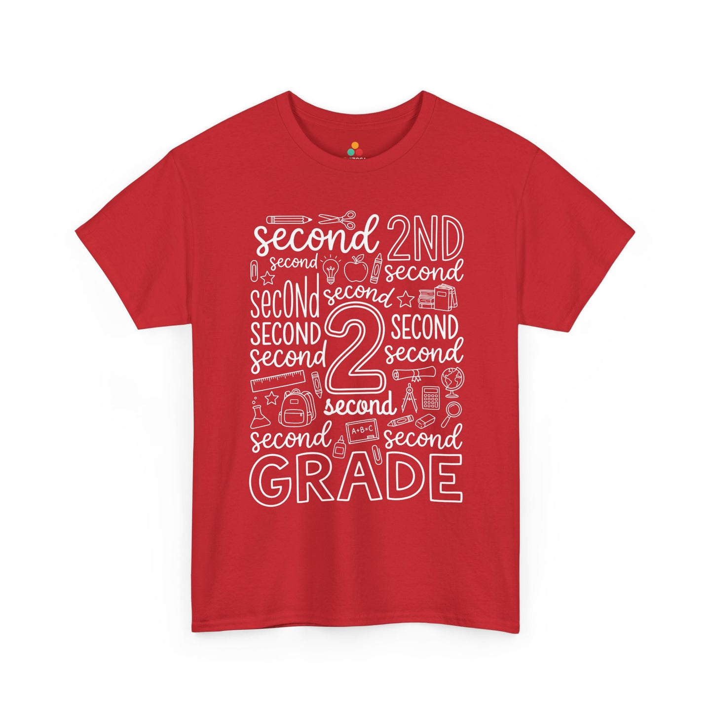 Red TEEZOCA second grade teacher shirt in bold word art, a unisex adult back to school tee for the classroom.

